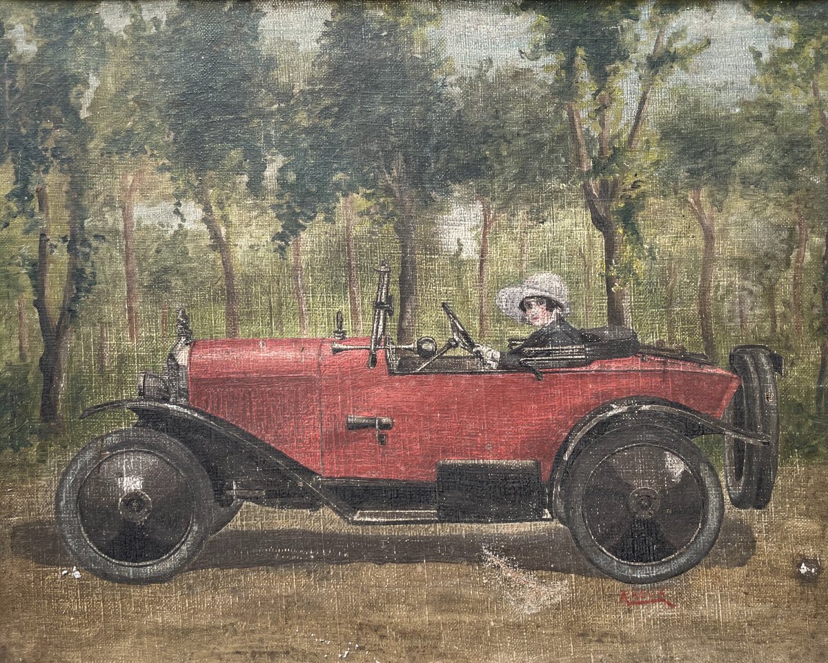 Young Woman In A Car, Oil On Canvas, Early 20th Century-photo-2