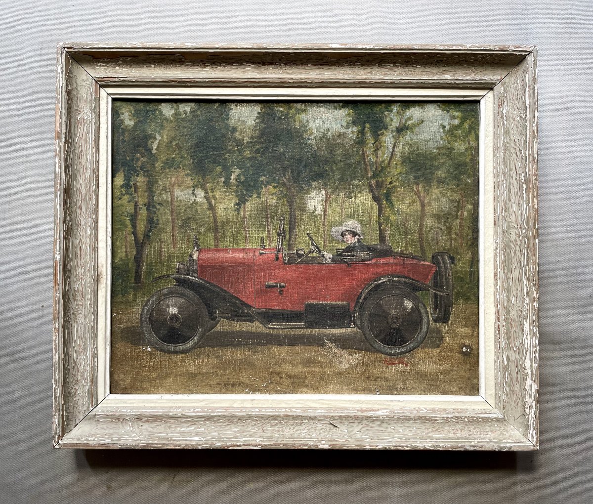 Young Woman In A Car, Oil On Canvas, Early 20th Century