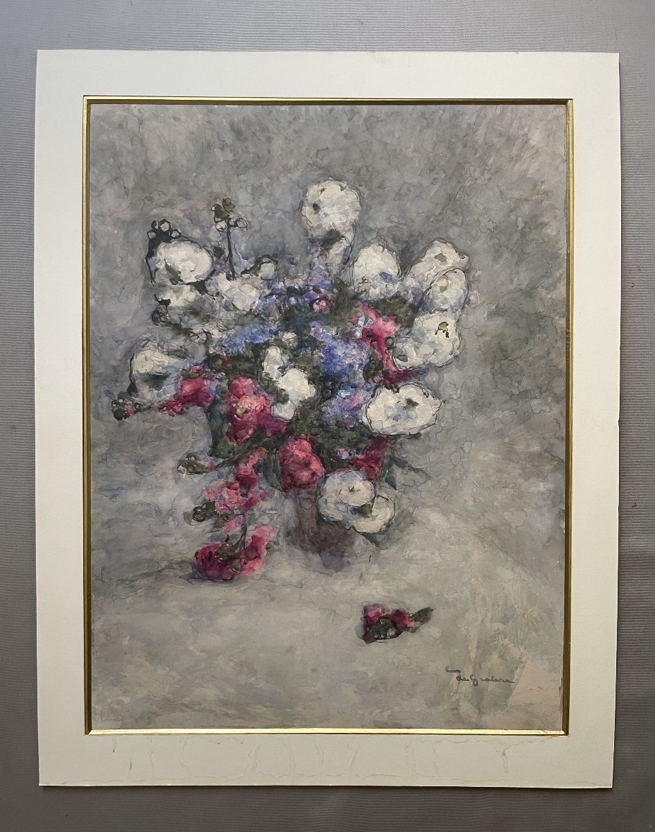 Bouquet de fleurs, aquarelle, signature à identifier-photo-2