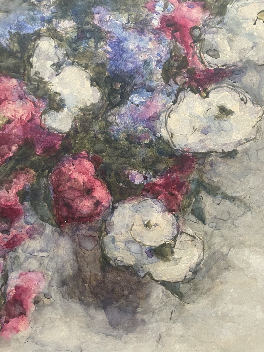 Bouquet de fleurs, aquarelle, signature à identifier-photo-4
