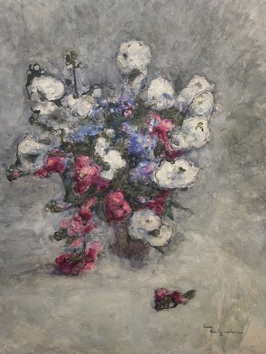 Bouquet de fleurs, aquarelle, signature à identifier