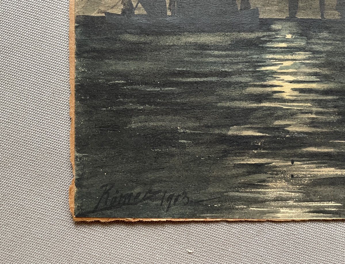 Voiliers au clair de lune, aquarelle, signature à identifier-photo-2