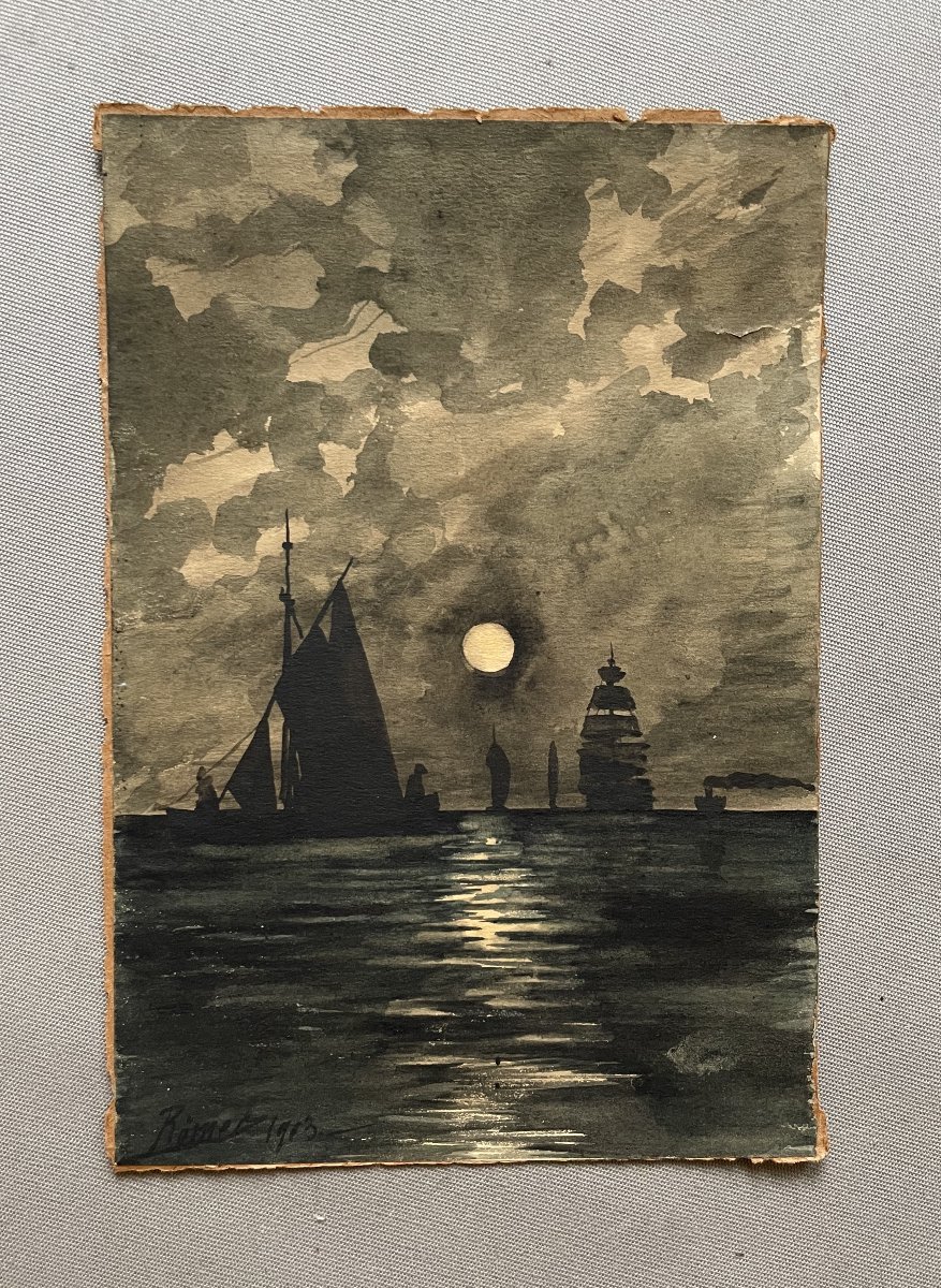Voiliers au clair de lune, aquarelle, signature à identifier