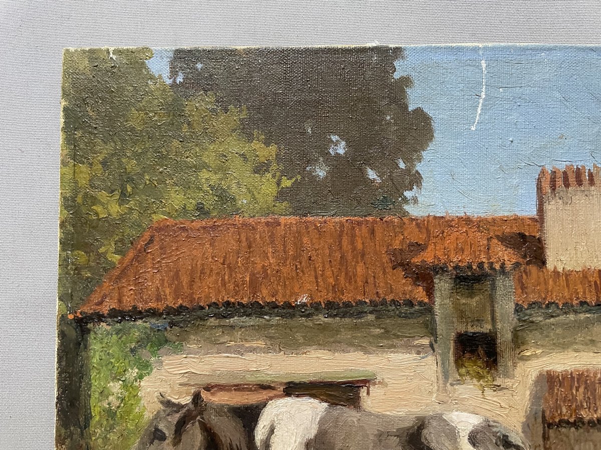 Cow In Front Of A Farm; Signature To Be Identified-photo-3