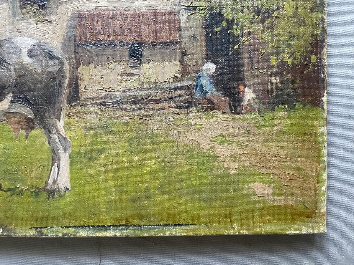 Cow In Front Of A Farm; Signature To Be Identified-photo-1