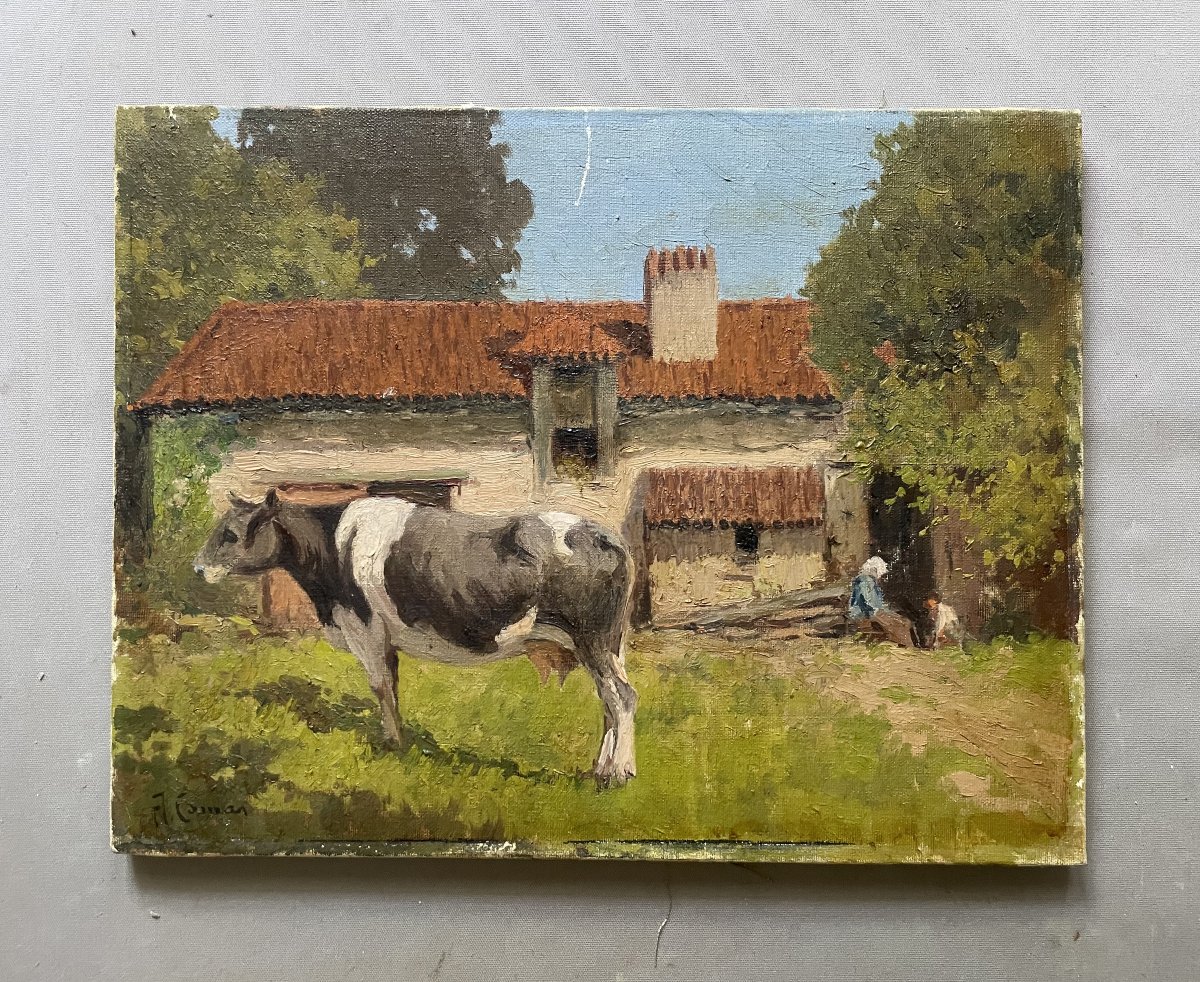 Cow In Front Of A Farm; Signature To Be Identified