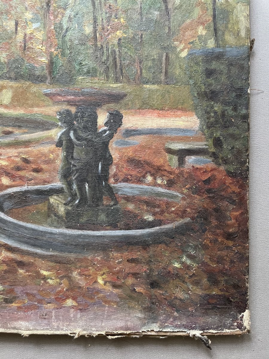 Fountain In A Park, Oil On Canvas, Signed Dufour, 1923-photo-2