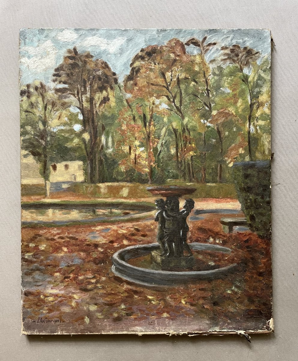 Fountain In A Park, Oil On Canvas, Signed Dufour, 1923