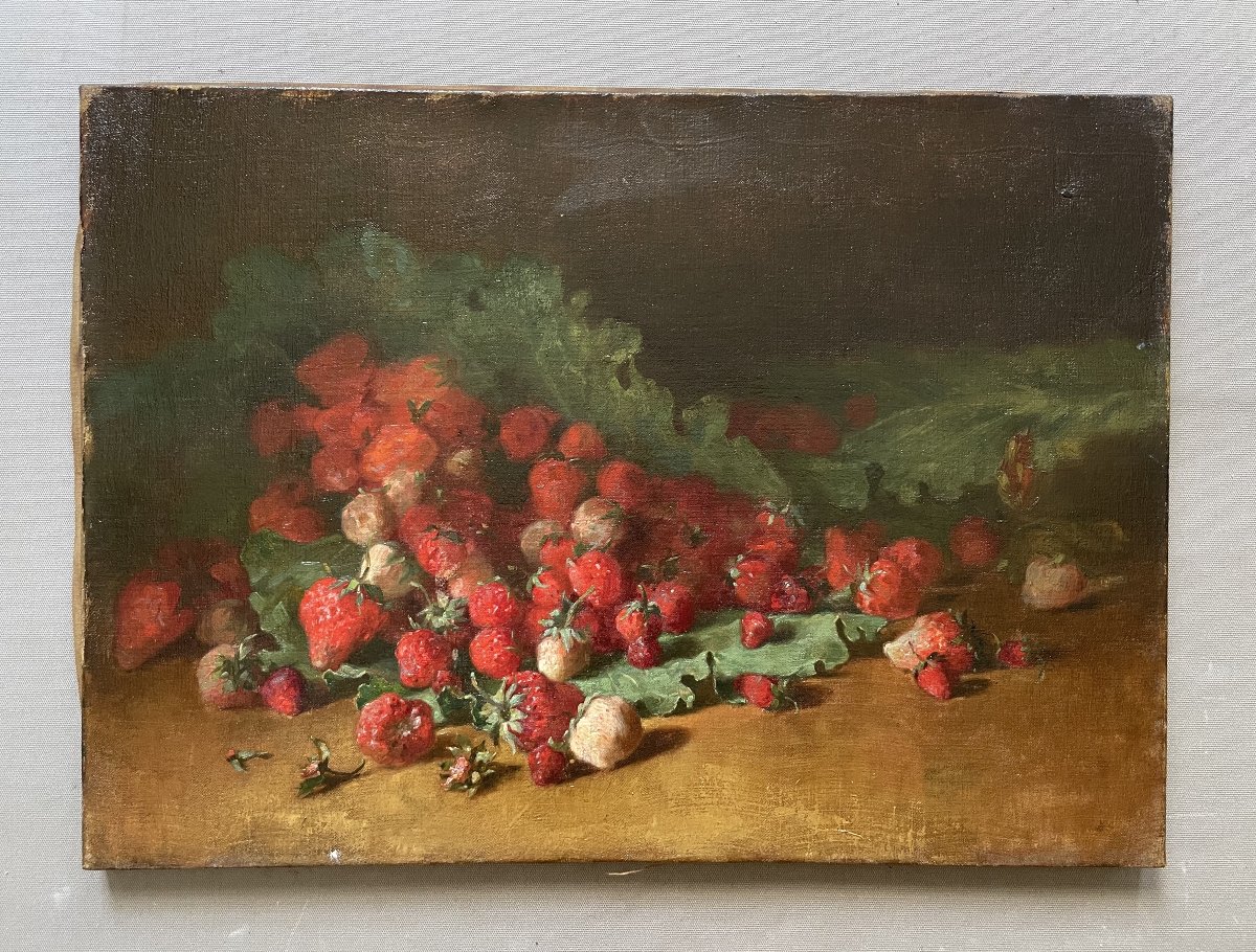 Nature morte aux fraises, huile sur toile