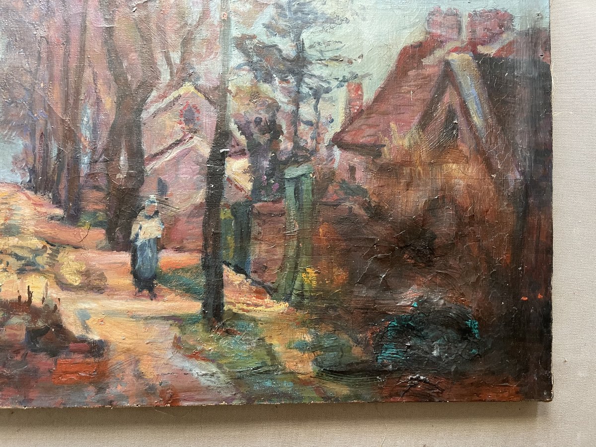 Rue animée, huile sur toile, signature à identifier-photo-1