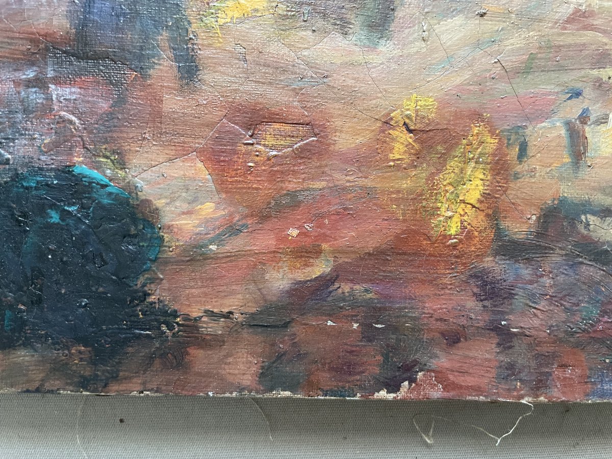 Rue animée, huile sur toile, signature à identifier-photo-4