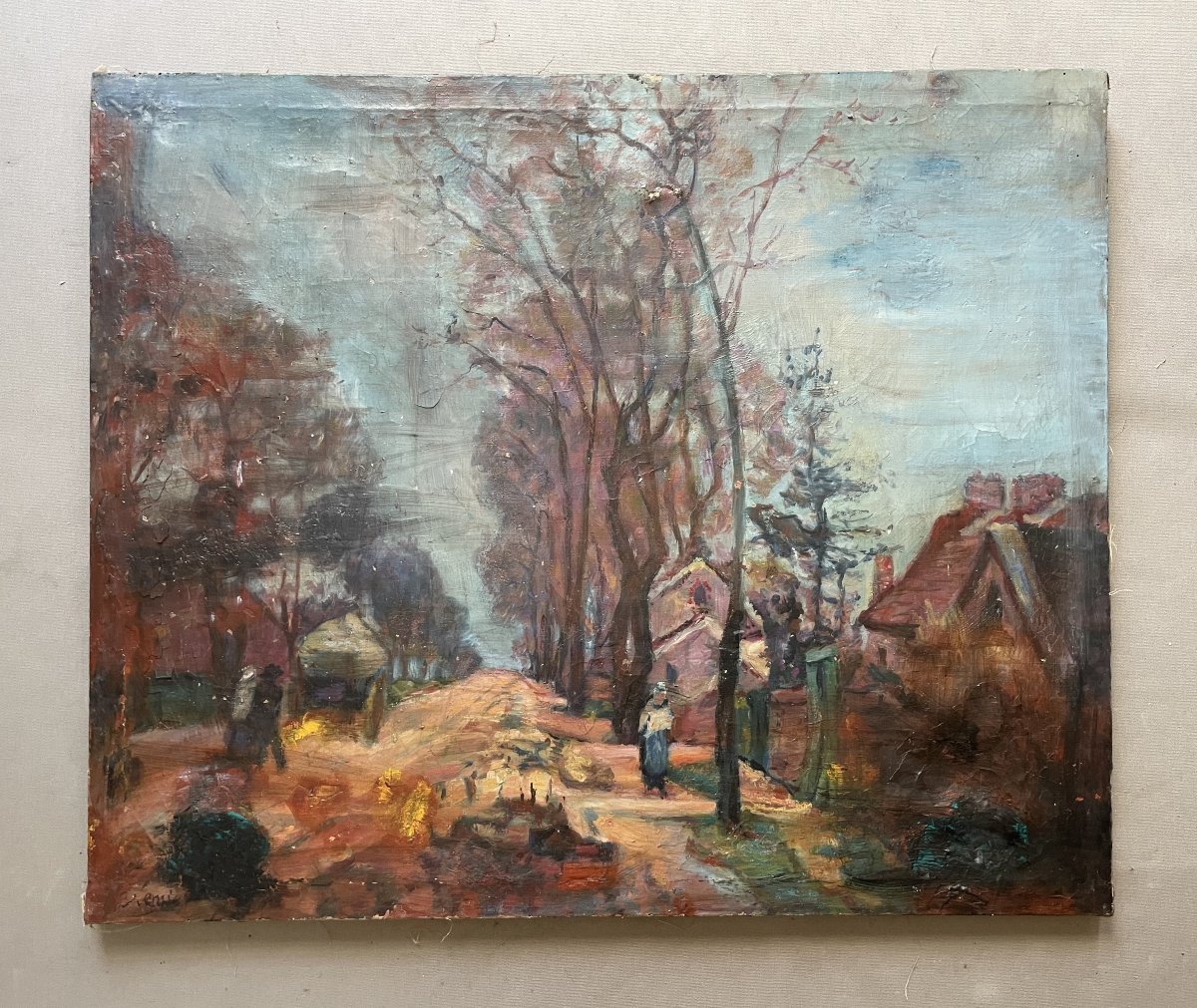 Rue animée, huile sur toile, signature à identifier