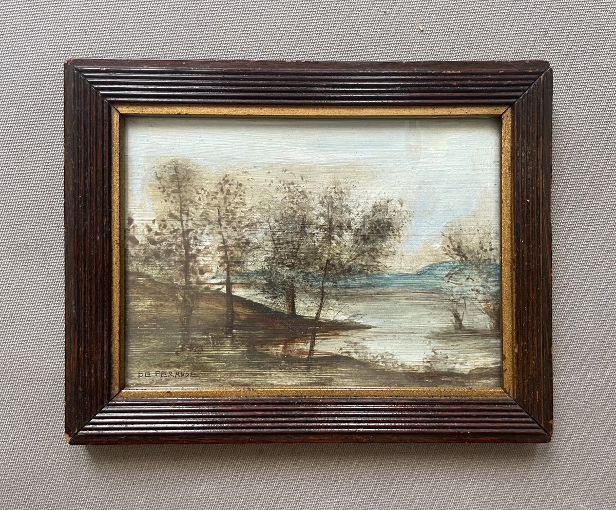 Paysage lacustre, huile sur panneau signée De Ferande