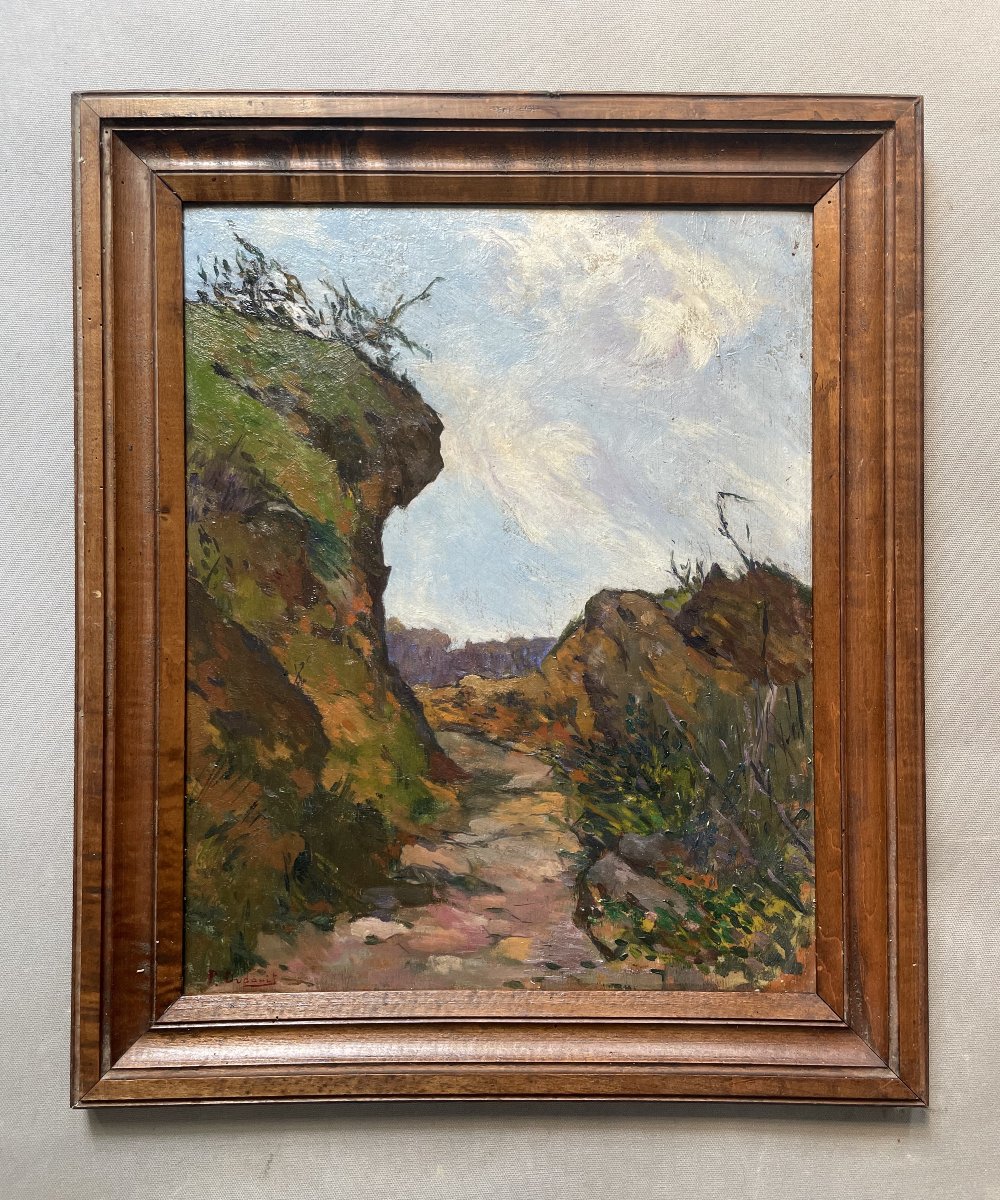 Chemin, huile sur panneau, signature à identifier
