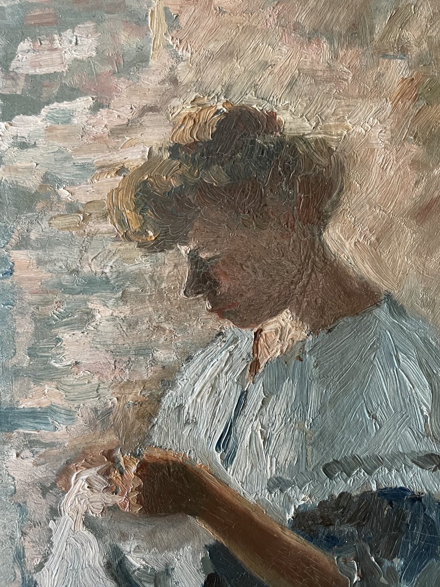 Woman At Work, Oil On Cardboard, Post-impressionist School-photo-2