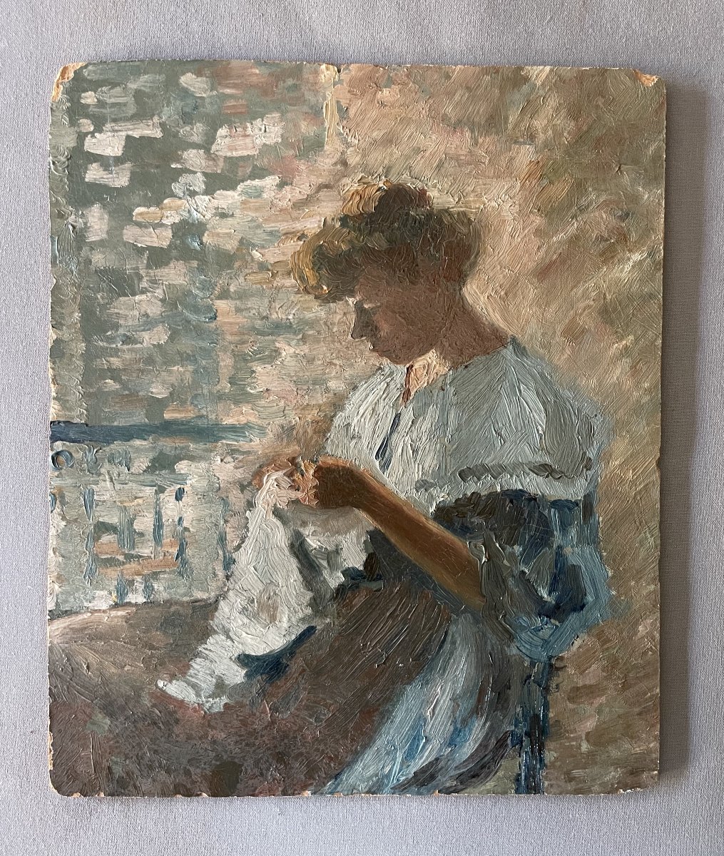 Woman At Work, Oil On Cardboard, Post-impressionist School