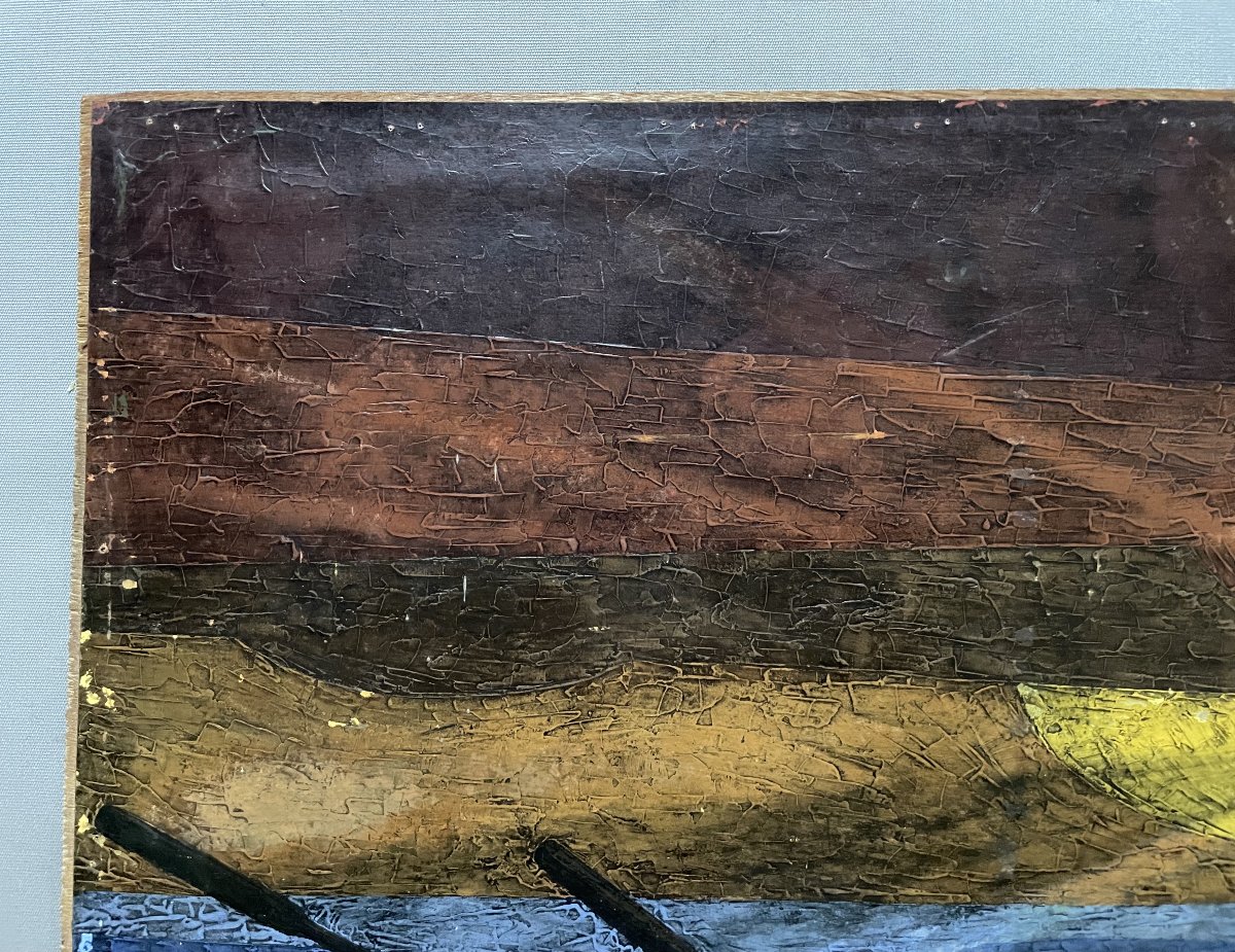 Boat At Sunset, Oil On Paper, Signed By Souayah-photo-3