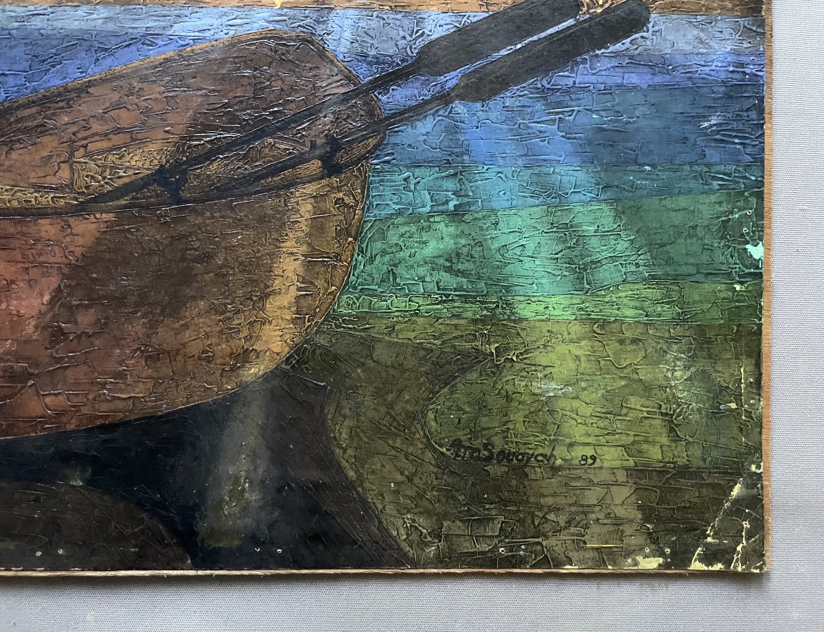 Boat At Sunset, Oil On Paper, Signed By Souayah-photo-1