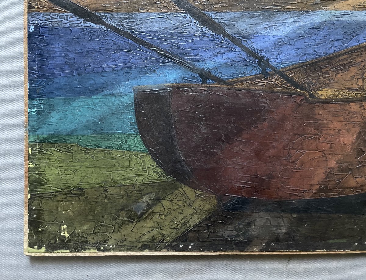 Boat At Sunset, Oil On Paper, Signed By Souayah-photo-2