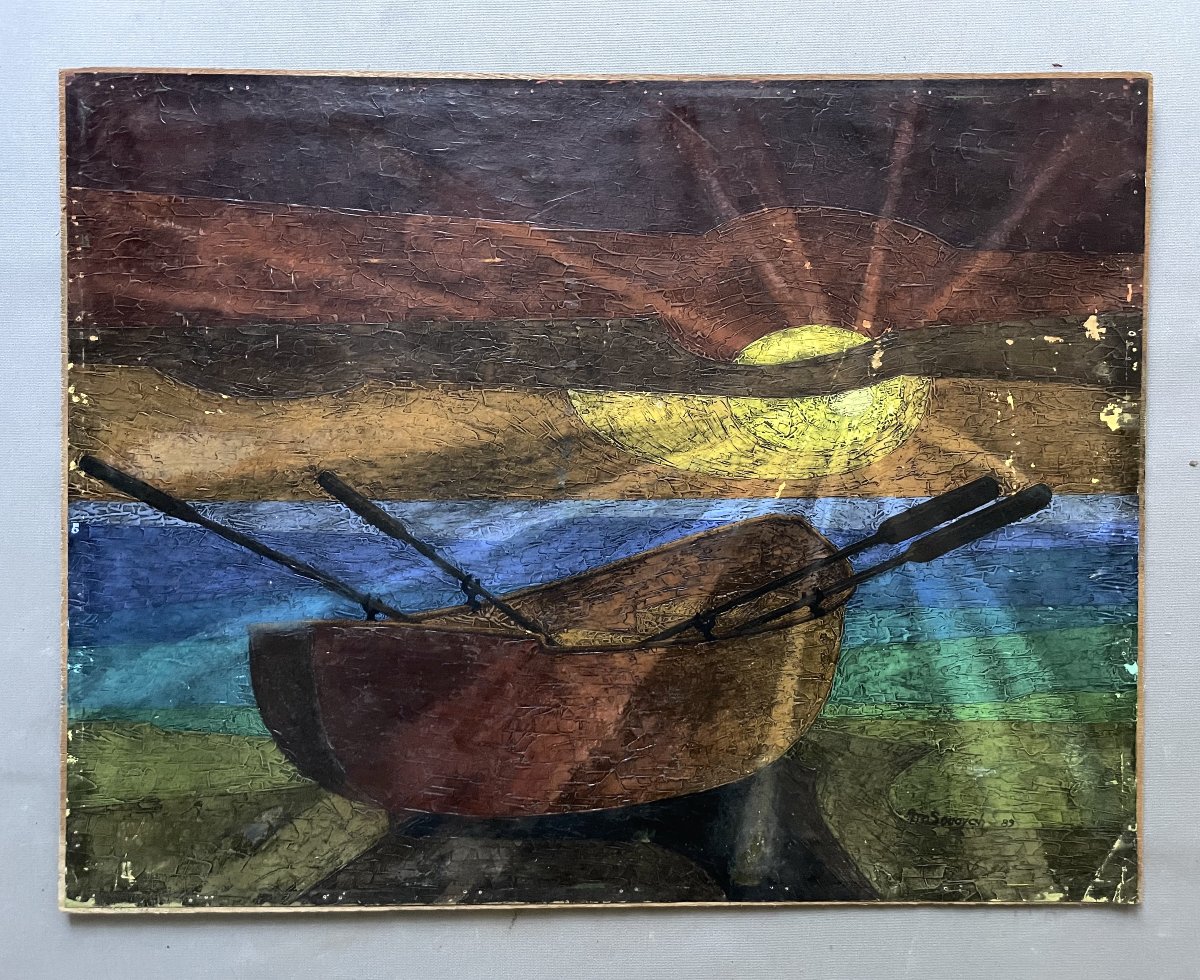 Boat At Sunset, Oil On Paper, Signed By Souayah