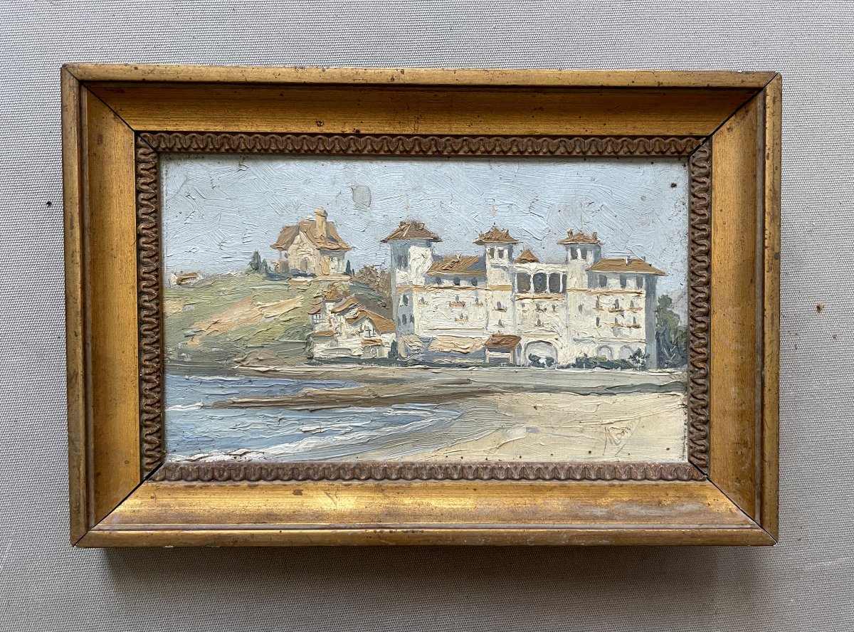 Villa de bord de mer, huile sur papier