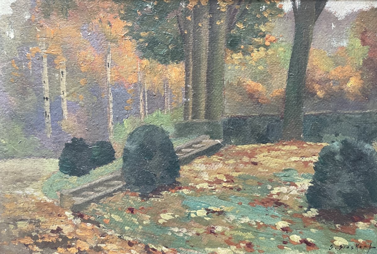 Vue de parc, huile sur carton, signature à identifier-photo-2