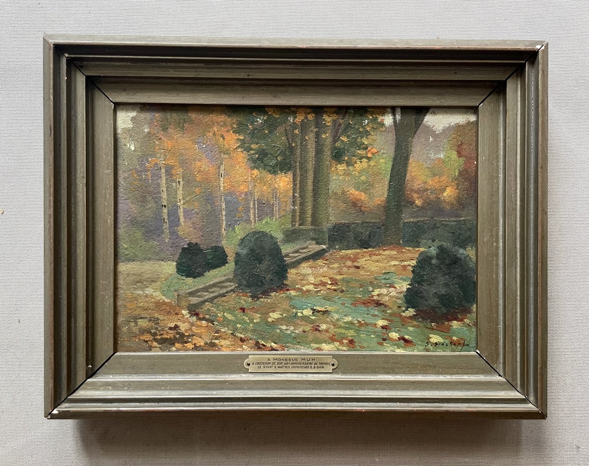 Vue de parc, huile sur carton, signature à identifier