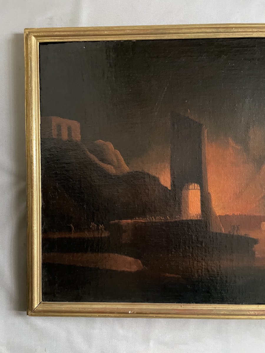 Forteresse incendiée, huile sur toile, XVIIIe-photo-2