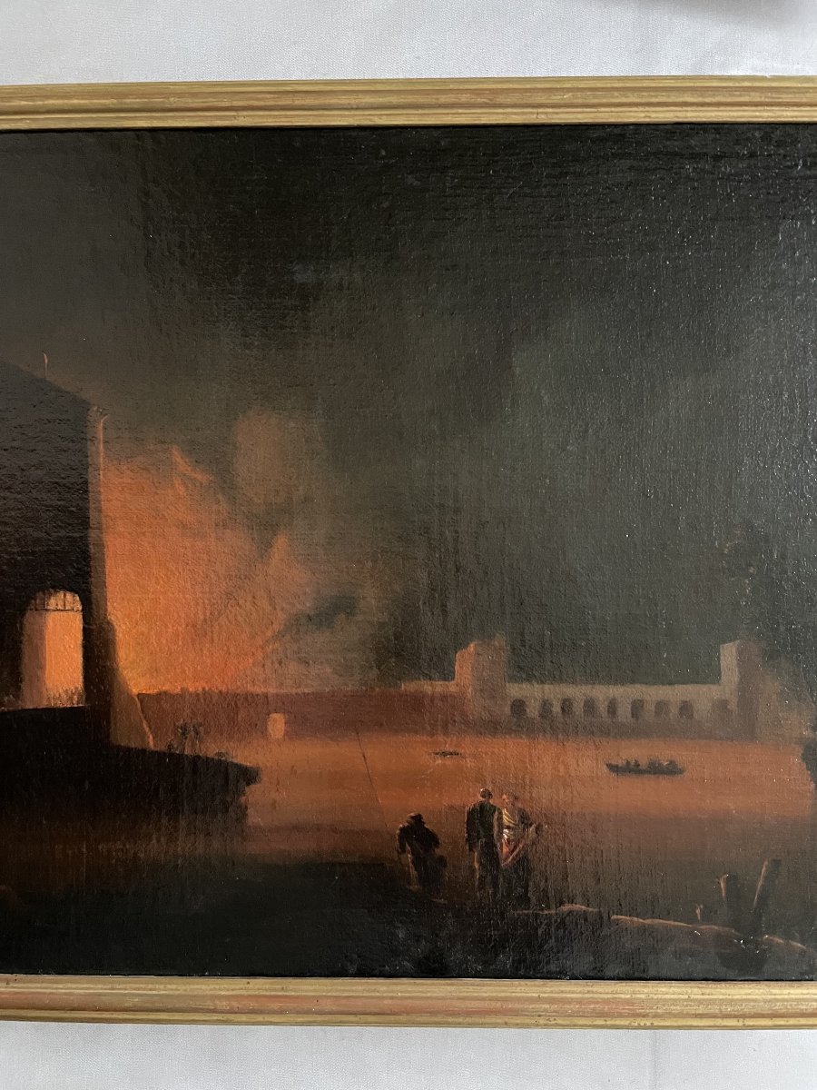 Forteresse incendiée, huile sur toile, XVIIIe-photo-3