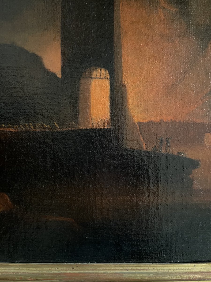 Forteresse incendiée, huile sur toile, XVIIIe-photo-2