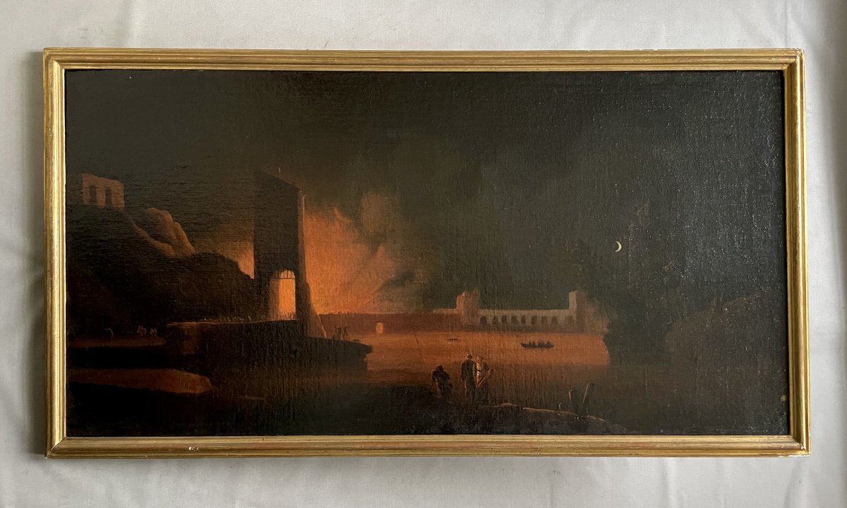 Forteresse incendiée, huile sur toile, XVIIIe
