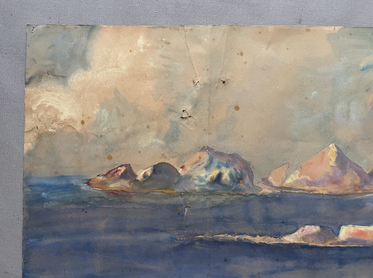 Paysage maritime, gouache, XIXe-photo-2