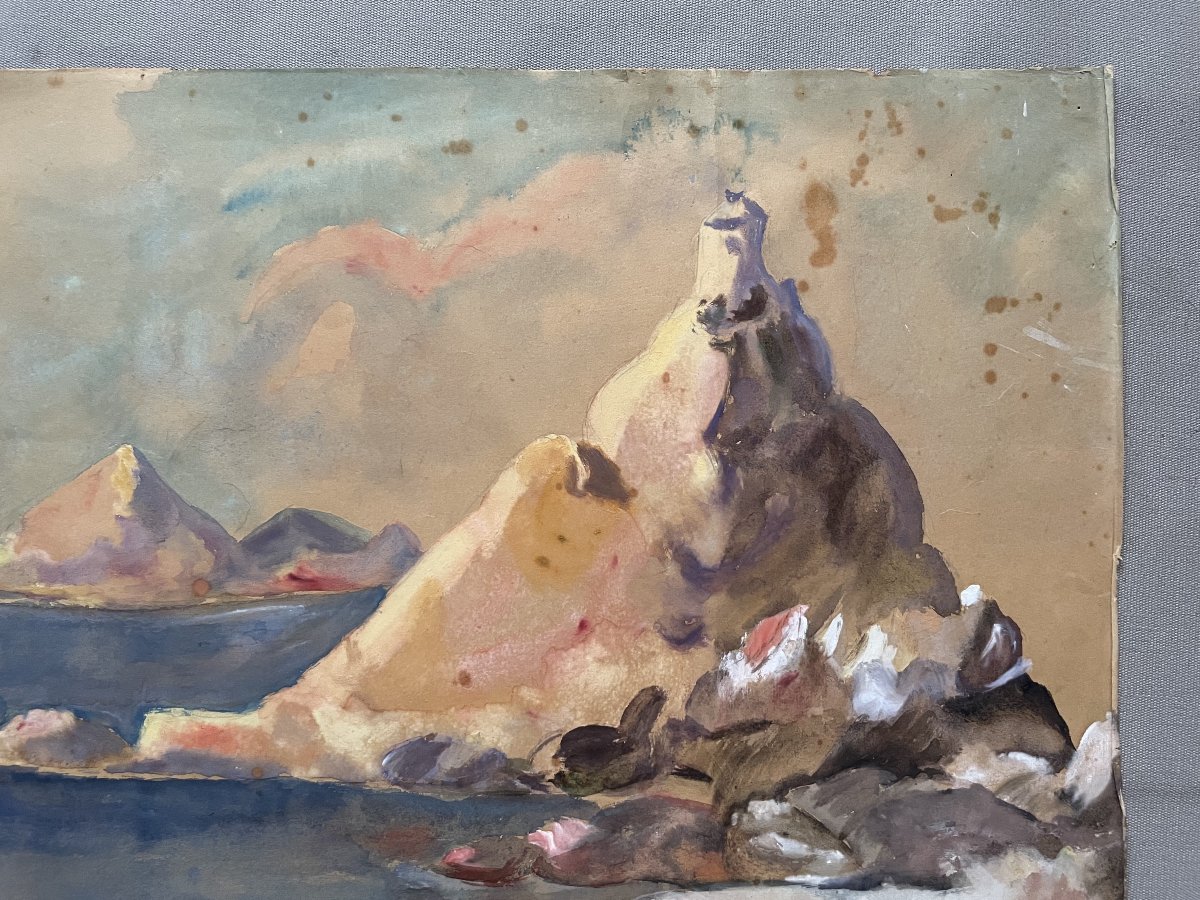 Paysage maritime, gouache, XIXe-photo-3