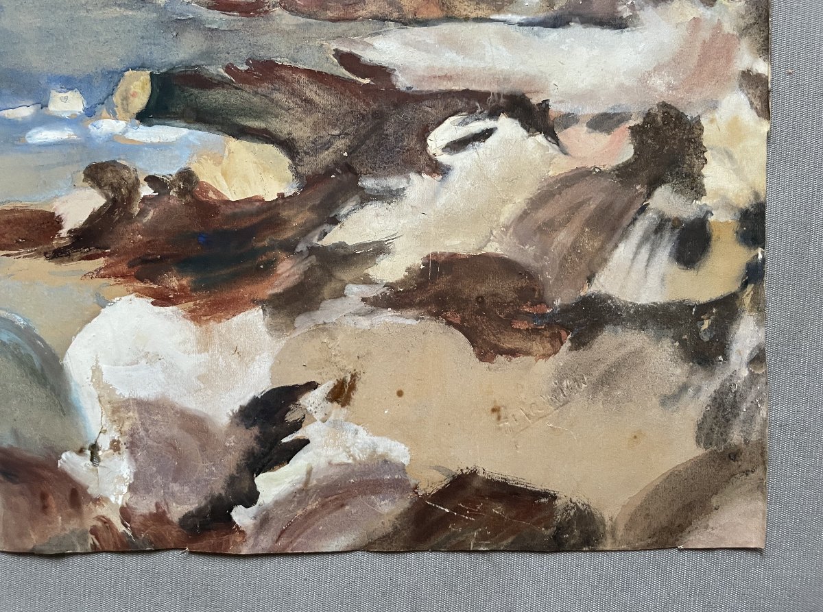 Paysage maritime, gouache, XIXe-photo-4