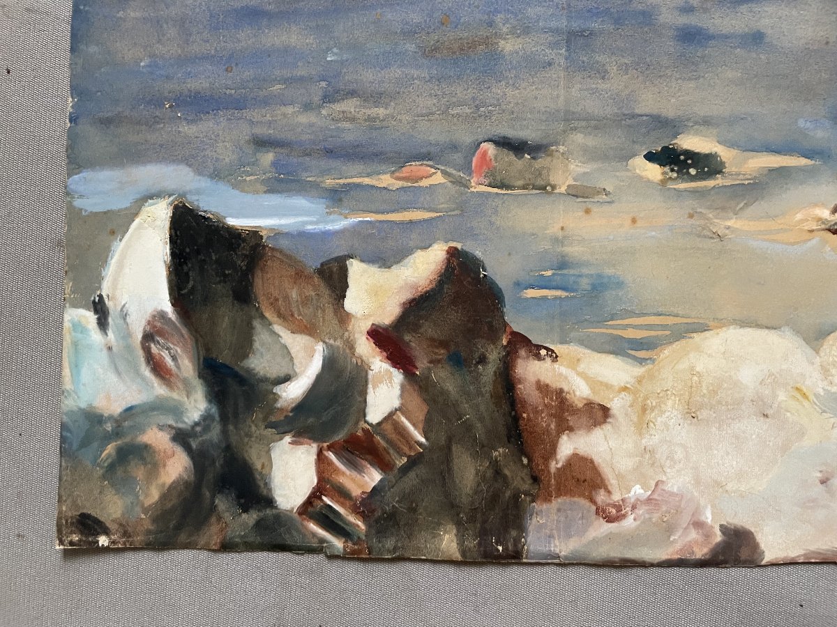 Paysage maritime, gouache, XIXe-photo-1
