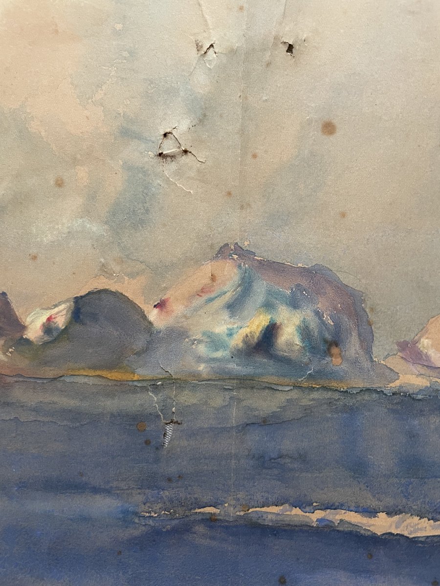 Paysage maritime, gouache, XIXe-photo-2