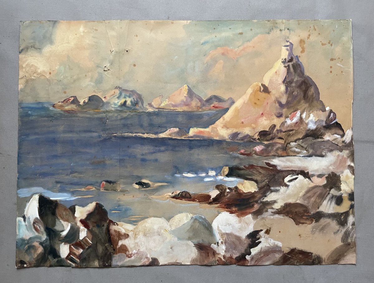 Paysage maritime, gouache, XIXe