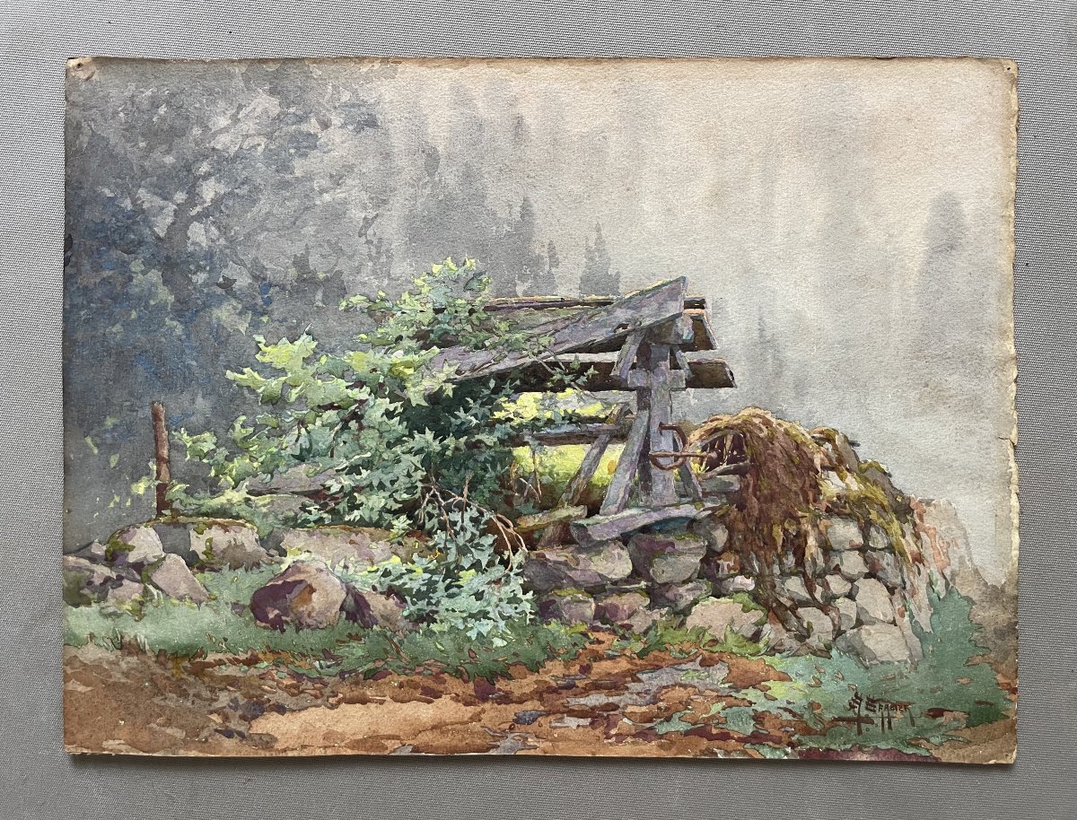 Sallès, le puits, aquarelle, signature à identifier
