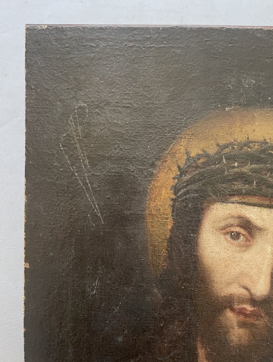 Christ à la couronne d'épines, huile sur toile XVII ou XVIIIe-photo-2