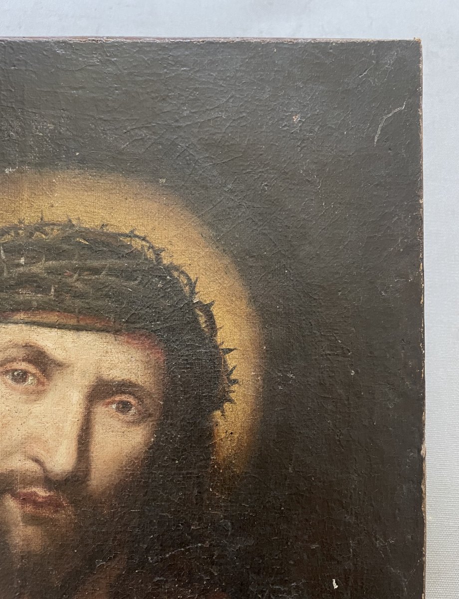 Christ à la couronne d'épines, huile sur toile XVII ou XVIIIe-photo-3