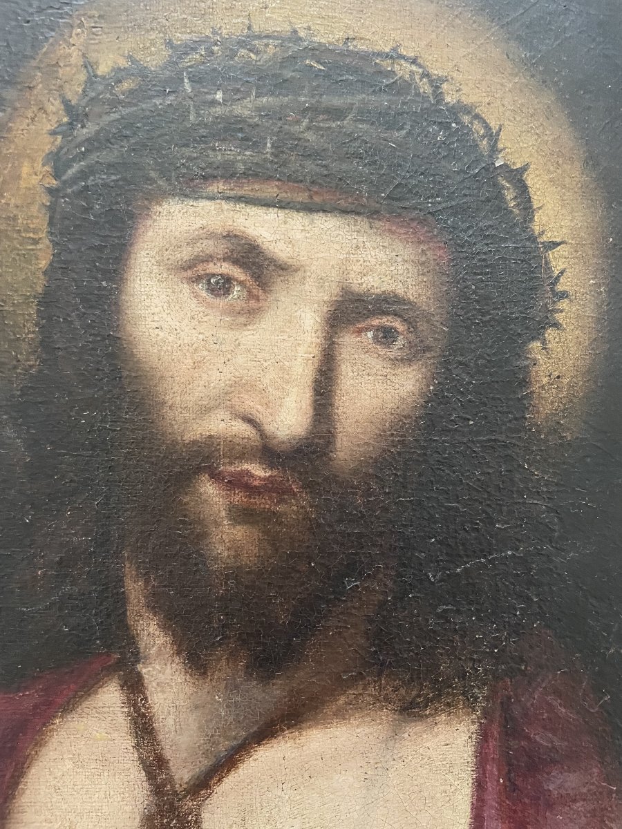 Christ à la couronne d'épines, huile sur toile XVII ou XVIIIe-photo-2