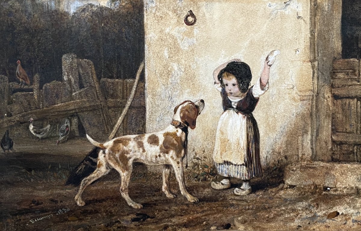 Alexandre Gabriel Decamps, petite fille et épagneul, aquarelle-photo-3