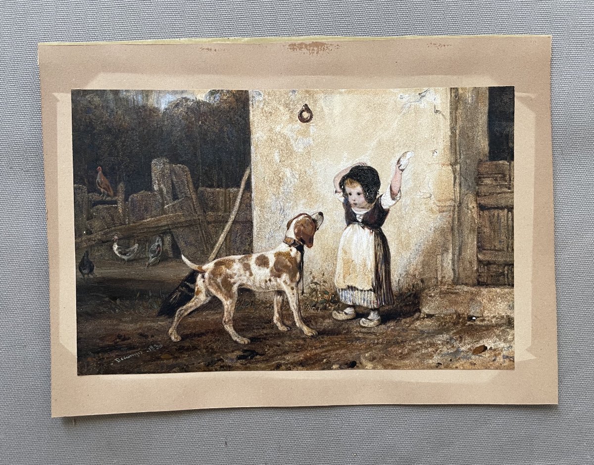 Alexandre Gabriel Decamps, petite fille et épagneul, aquarelle-photo-4
