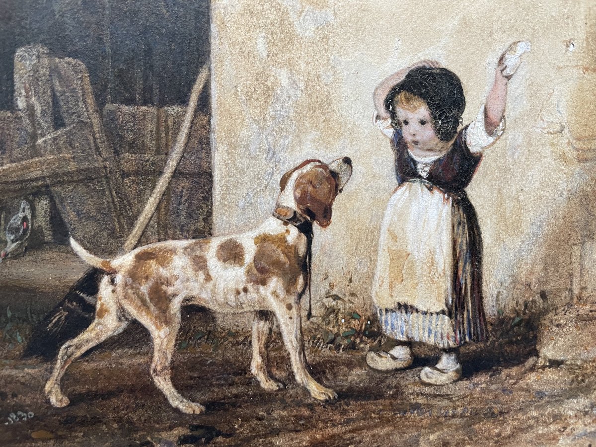 Alexandre Gabriel Decamps, petite fille et épagneul, aquarelle