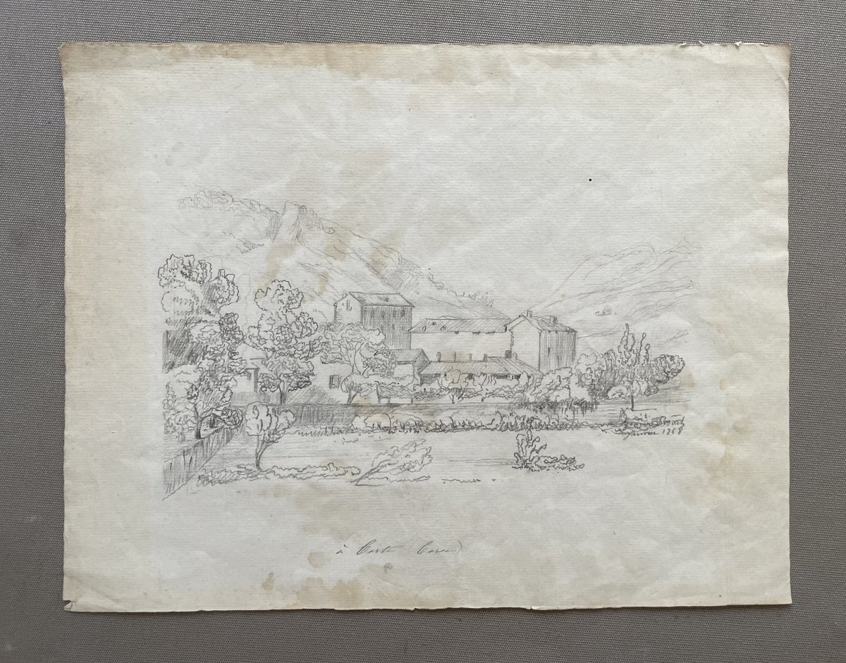 Vue de Corte en Corse, dessin daté 1868, signature à identifier-photo-2