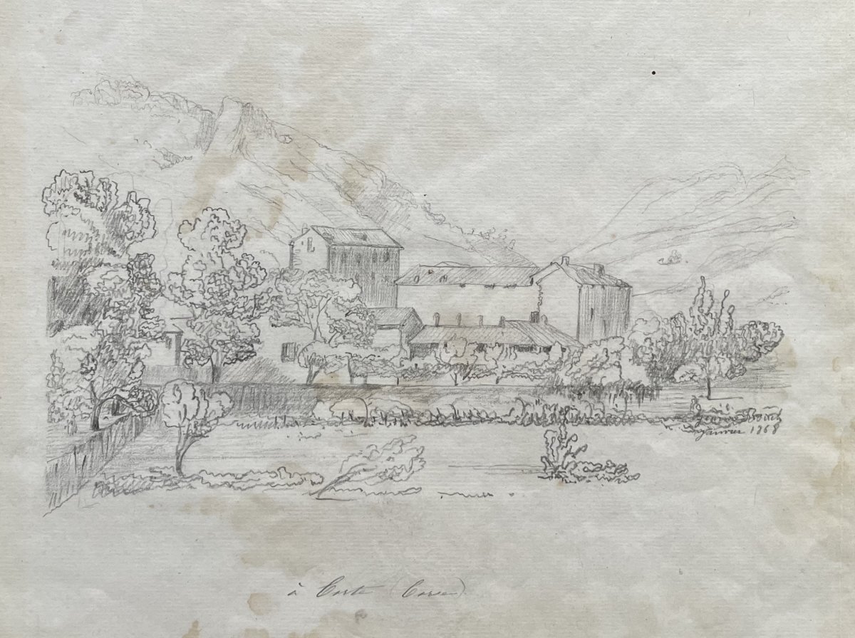 Vue de Corte en Corse, dessin daté 1868, signature à identifier