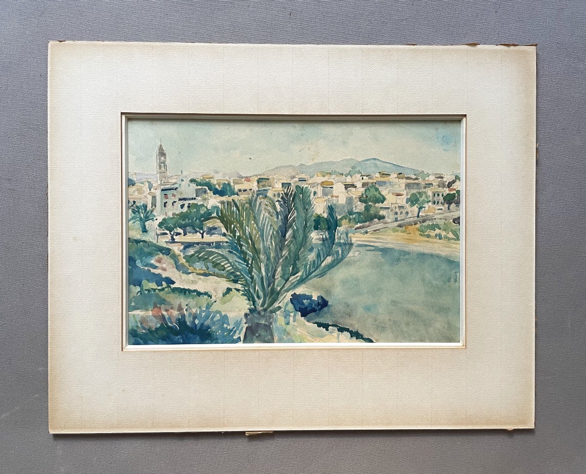 Ville côtière en Méditerranée, aquarelle, début XXe-photo-2