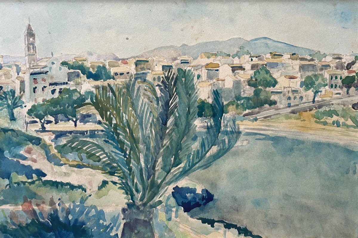Ville côtière en Méditerranée, aquarelle, début XXe