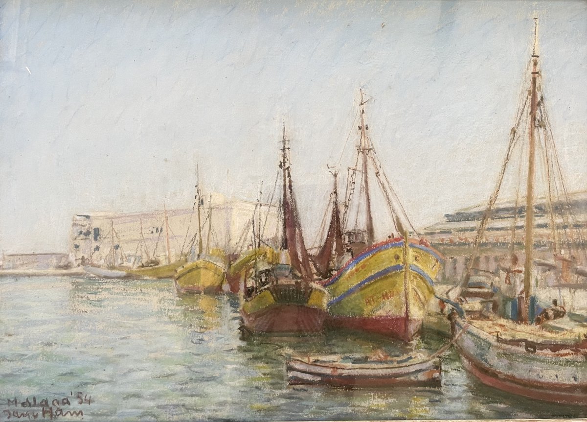Le port de Malaga, pastel, signature à identifier-photo-2