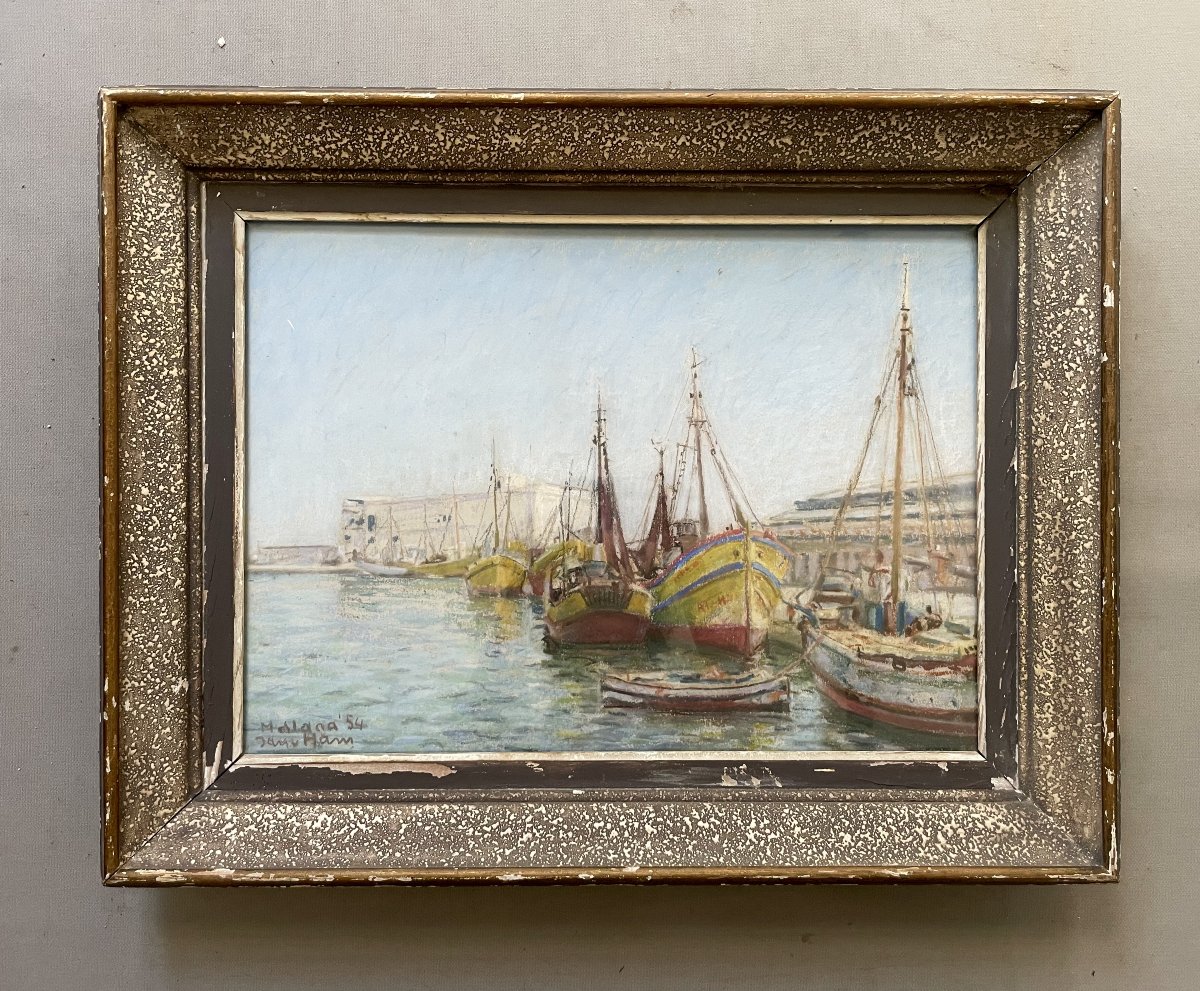 Le port de Malaga, pastel, signature à identifier